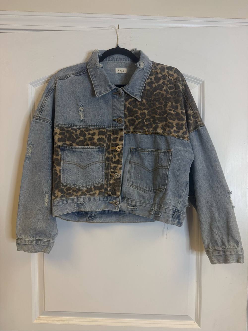 POL Leopard Patchwork Distressed Denim Jacket Size S Oversized